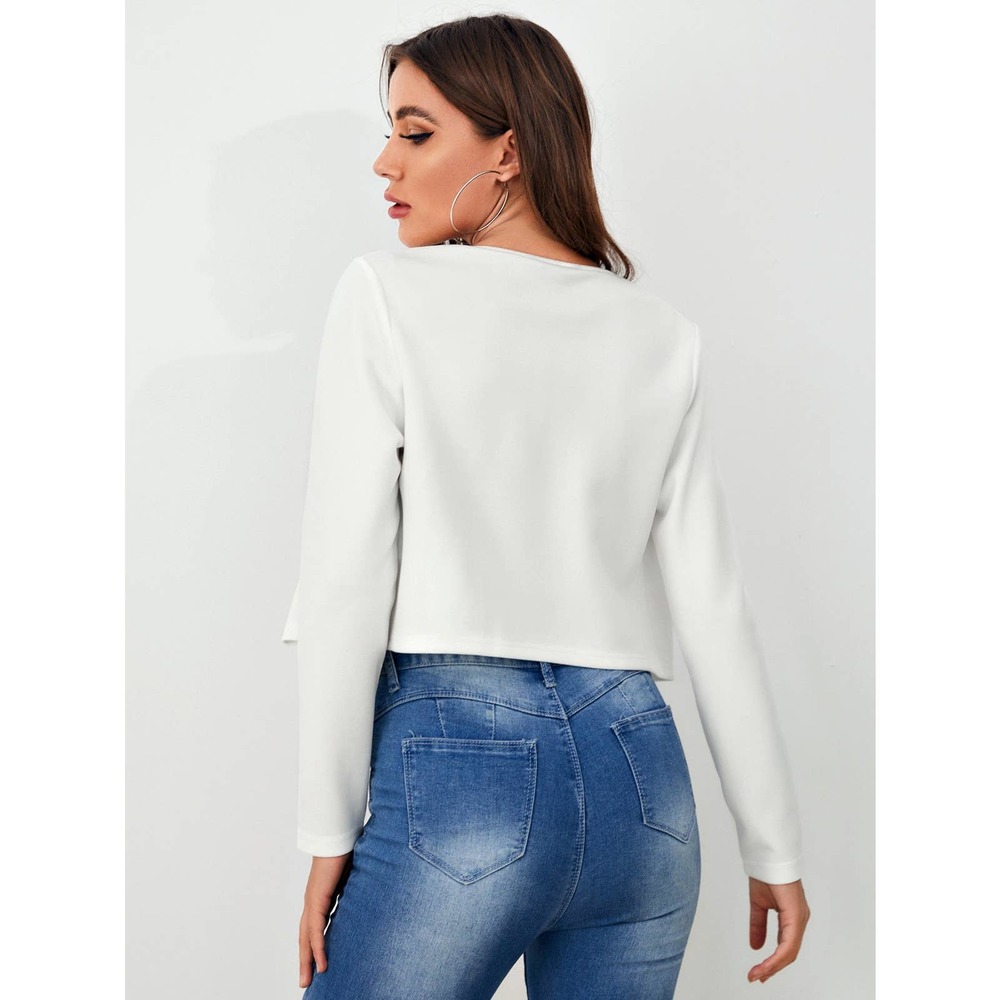 Business casual minimalist white Open Front Solid Crop Blazer - Picture 2 of 8